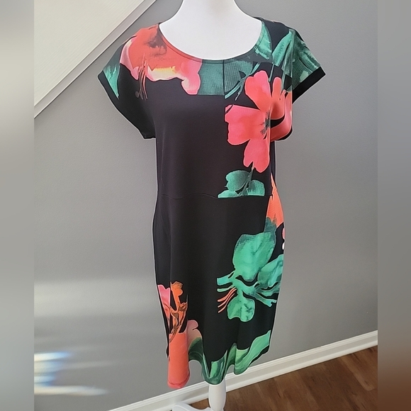 Desigual Dress Women Medium Black Multi-Color Floral Short-Sleeve Crew Neck Mini - Picture 2 of 5